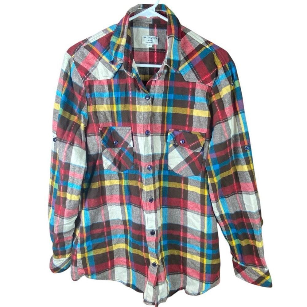 Match Stick Womens Multicolor Roll Sleeve Plaid Flannel Shirt Size Large